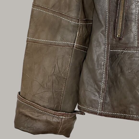 Tribal Leather Full Zip Collared Jacket Brown Women 8 Zip Pockets Leather Cuffed - Picture 6 of 11